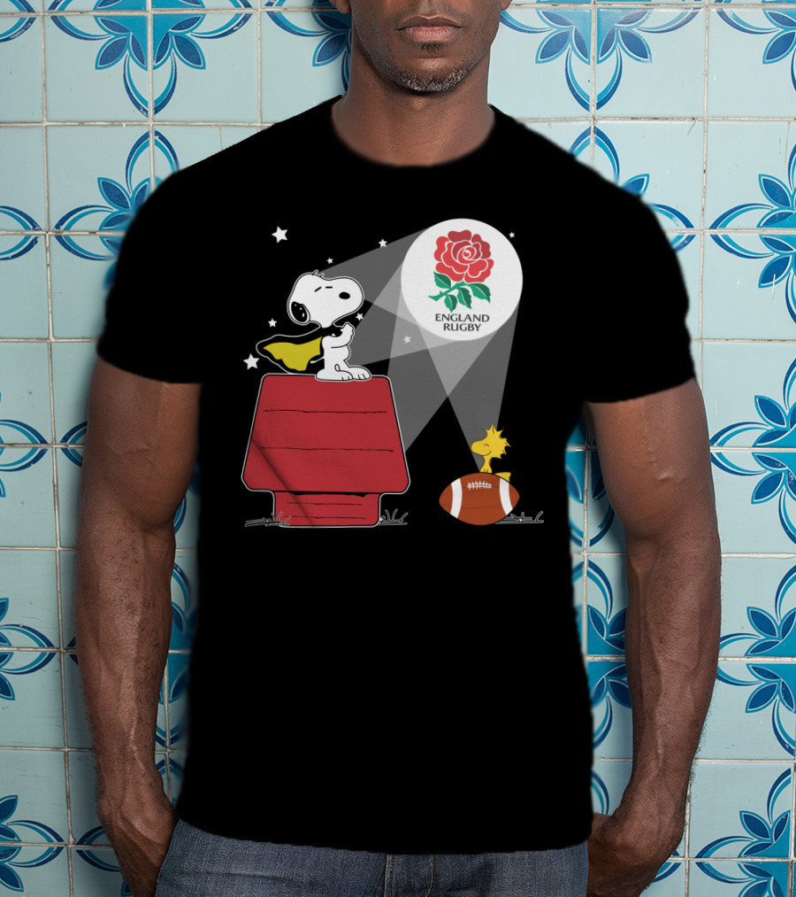England Rugby RFU Snoopy Doghouse Spotlight With Woodstock And Rugby Ball T-Shirt