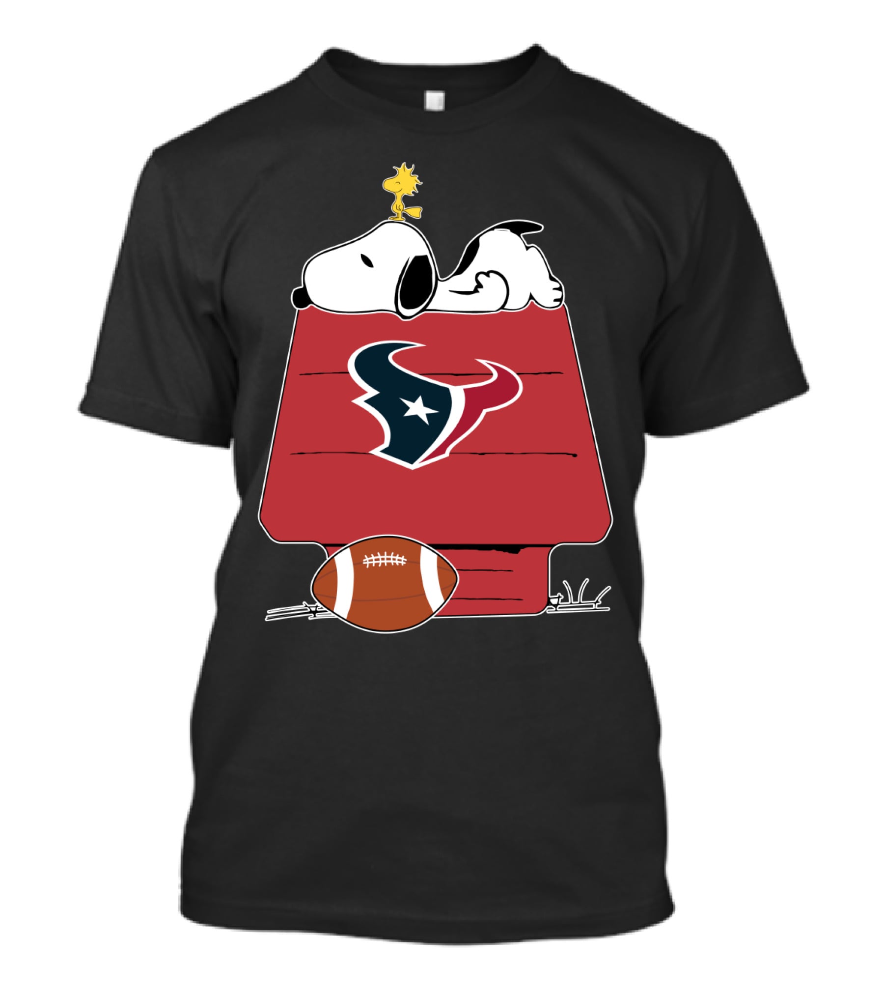 Snoopy And Woodstock Relax On Houston Texans Football Doghouse T-Shirt