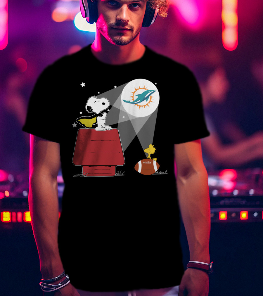Snoopy And Woodstock Miami Dolphins Football Fan Spotlight T-Shirt
