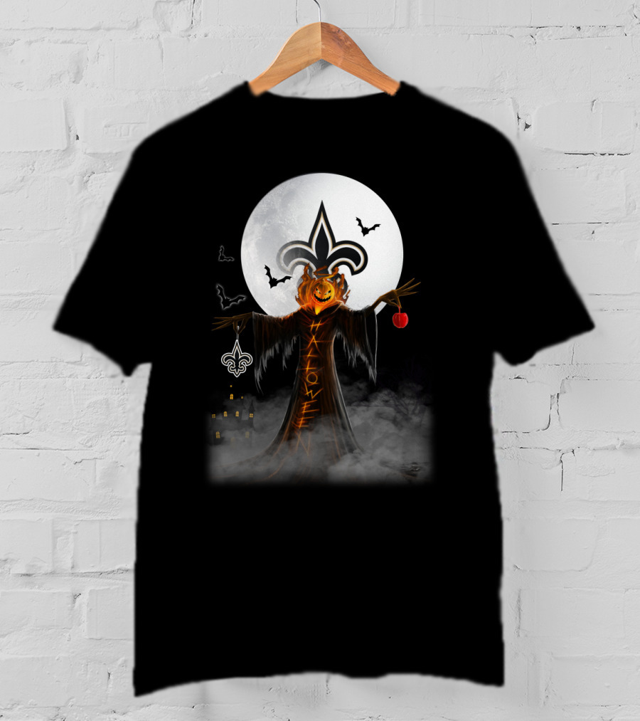 New Orleans Saints Halloween Pumpkin Head With Crescent Moon And Bats T-Shirt
