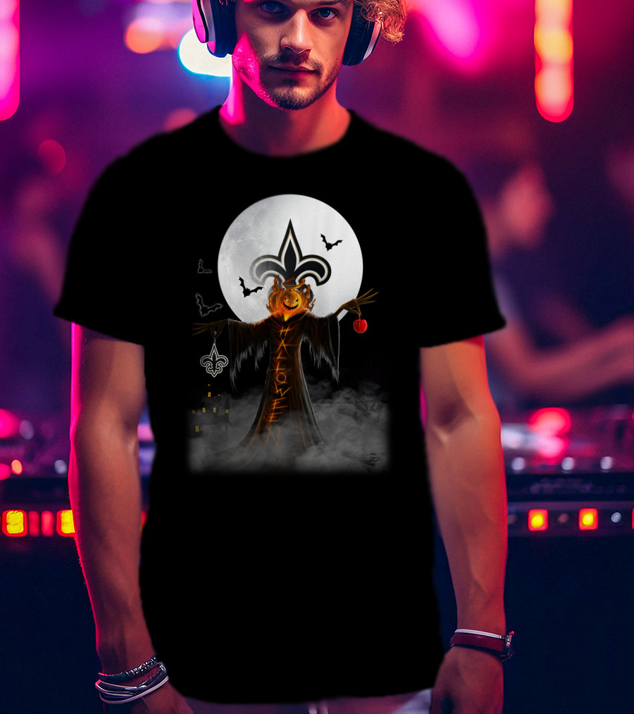 New Orleans Saints Halloween Pumpkin Head With Crescent Moon And Bats T-Shirt