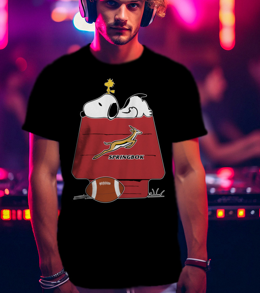 Snoopy Springbok Rugby House With Football And Woodstock T-Shirt
