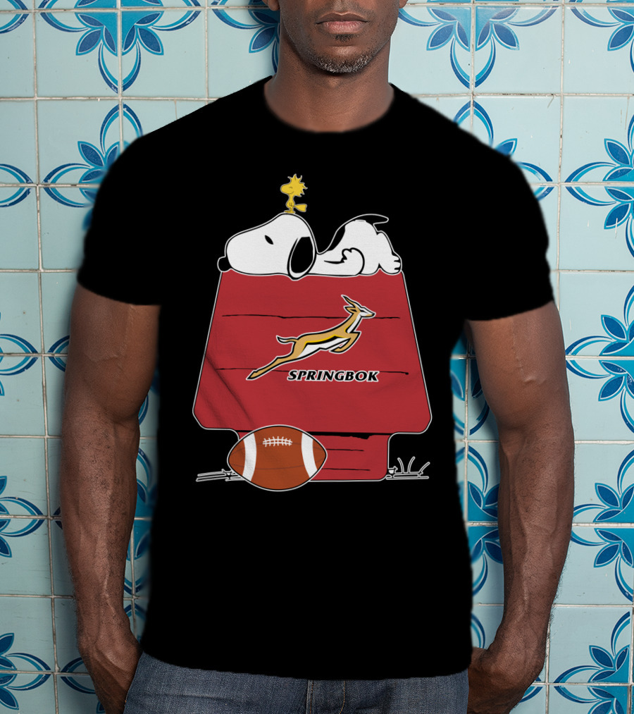 Snoopy Springbok Rugby House With Football And Woodstock T-Shirt
