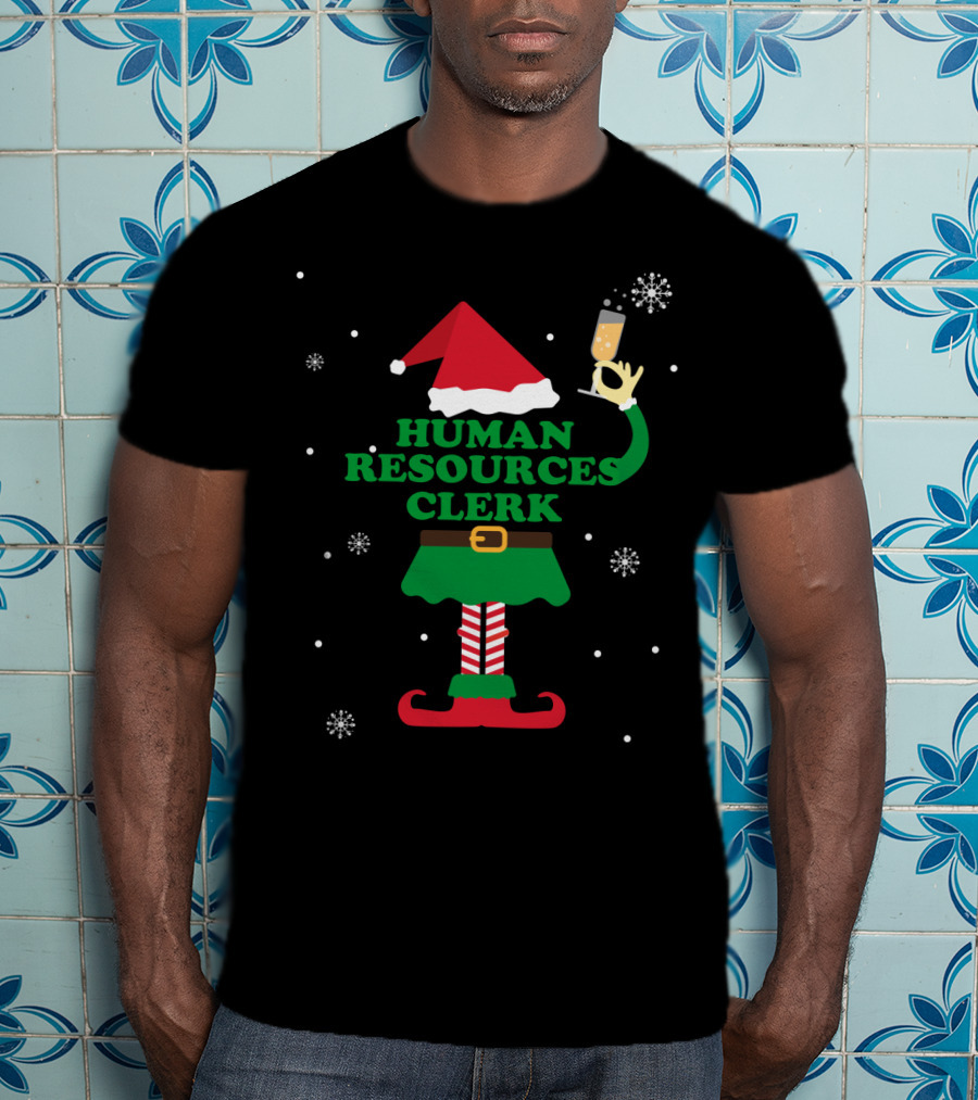 Human Resources Clerk Elf With Champagne Glass And Santa Hat T-Shirt