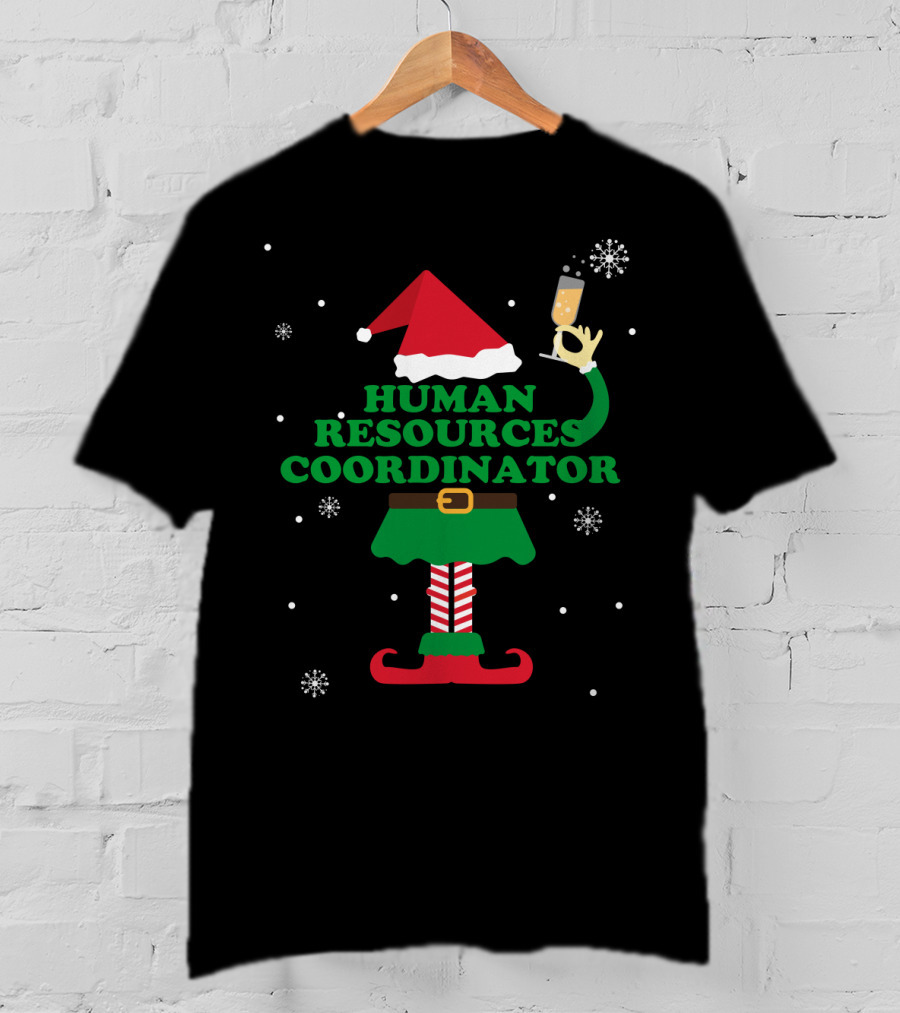 Human Resources Coordinator Elf With Champagne And Santa Hat T-Shirt