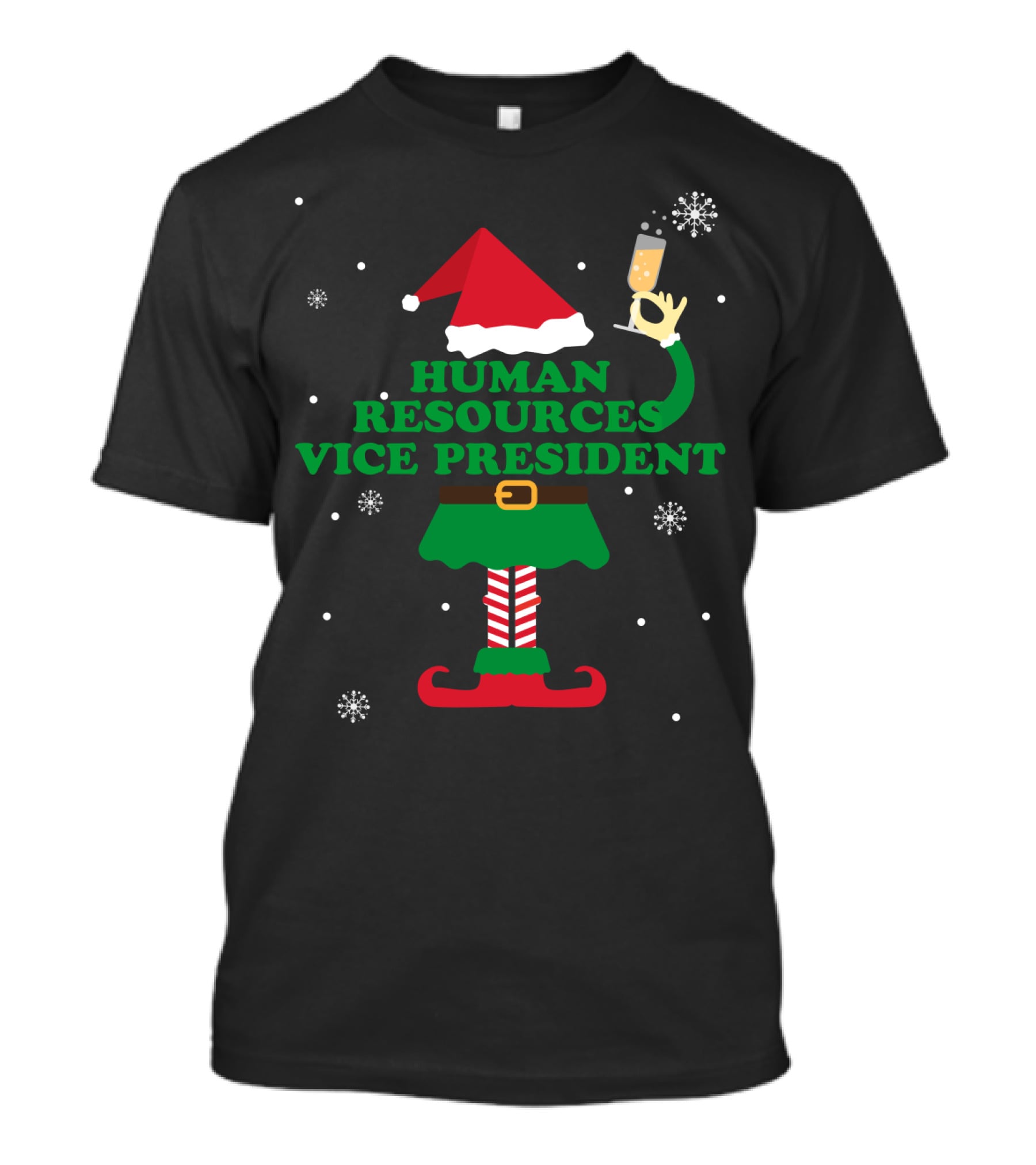 Human Resources Vice President Elf Festive Cheers With Champagne And Snowflakes T-Shirt