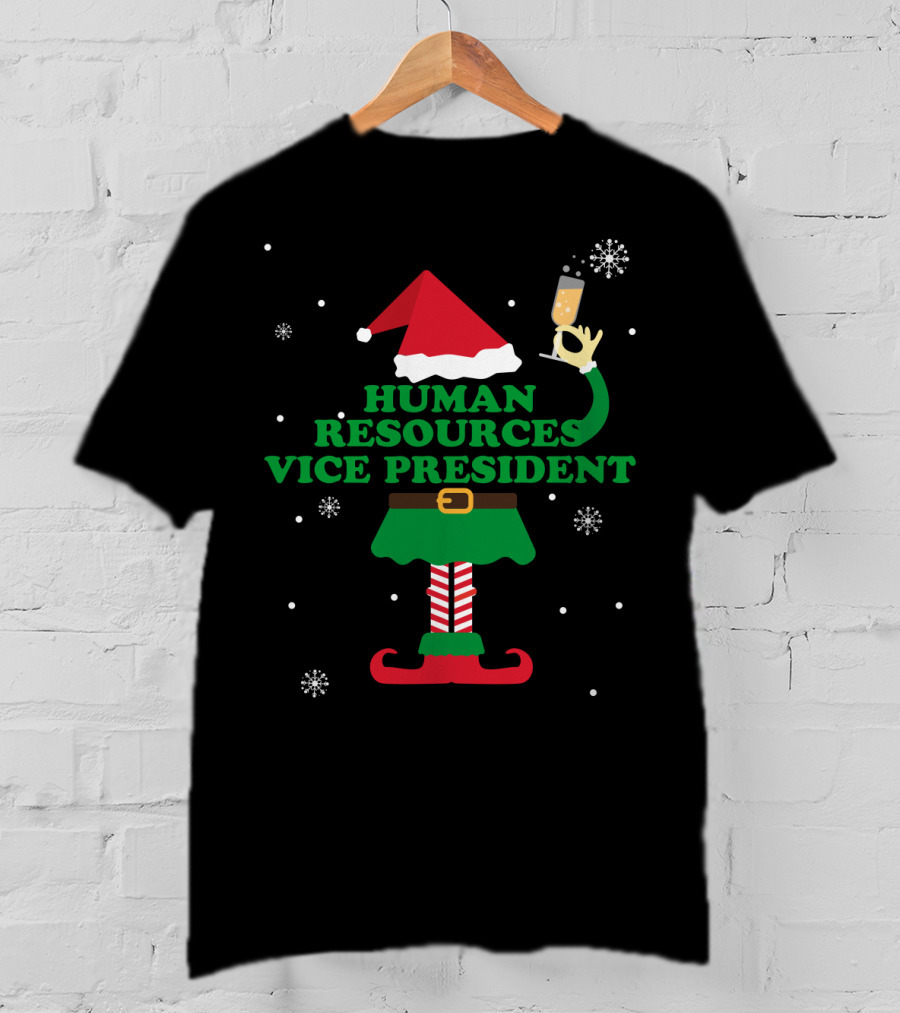 Human Resources Vice President Elf Festive Cheers With Champagne And Snowflakes T-Shirt