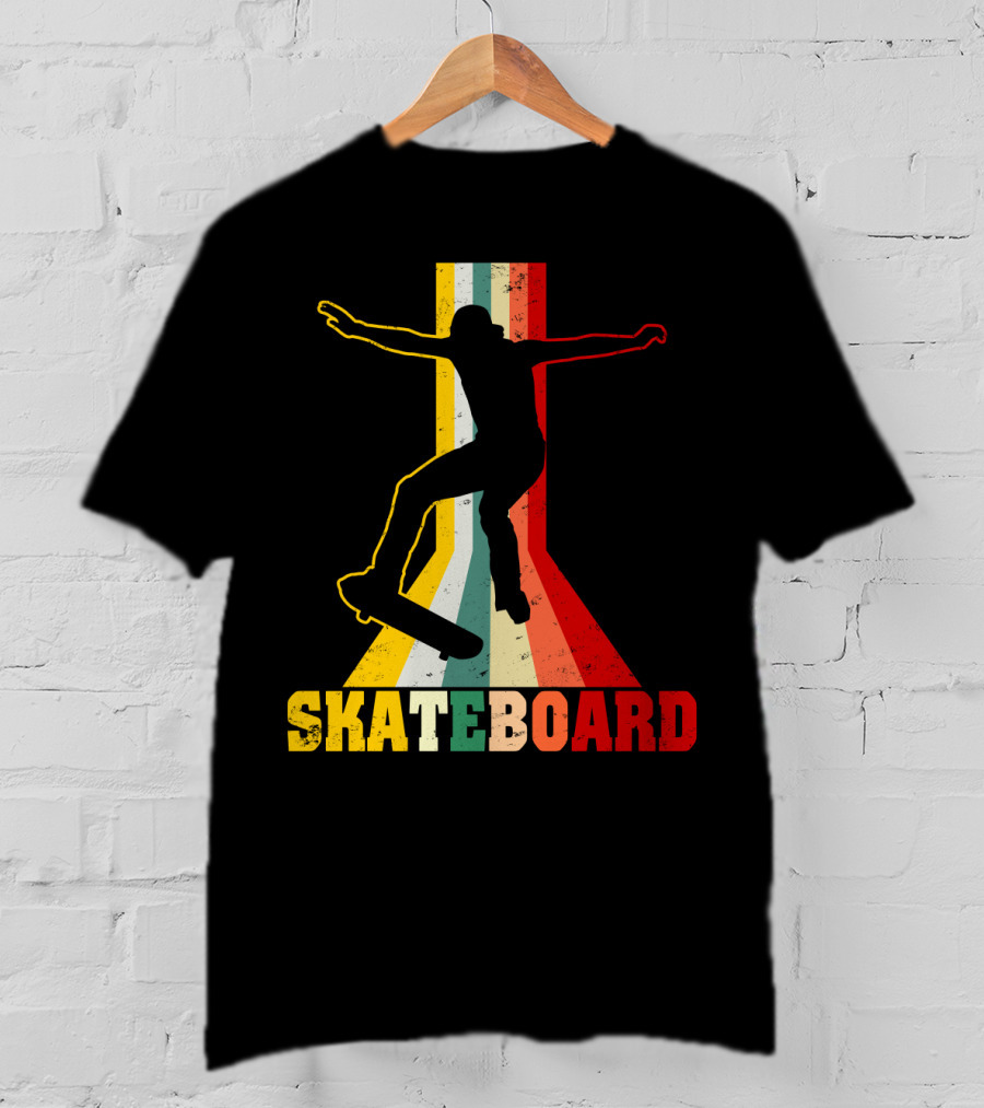Retro Skateboard Silhouette With Vintage Color Stripes T-Shirt