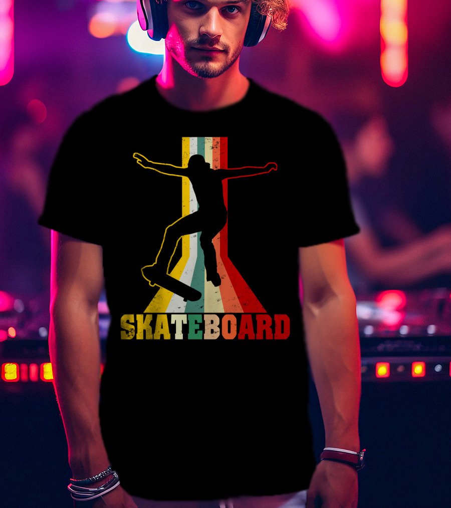 Retro Skateboard Silhouette With Vintage Color Stripes T-Shirt