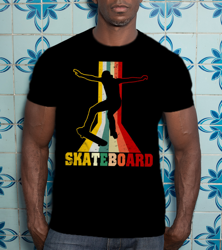 Retro Skateboard Silhouette With Vintage Color Stripes T-Shirt