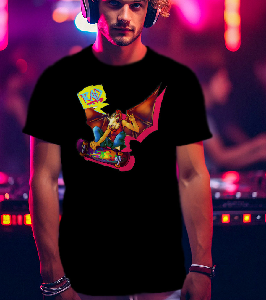 RAD Bat-Winged Skateboarder With Neon Graffiti Aesthetic T-Shirt