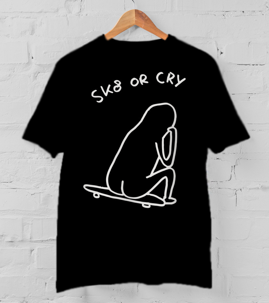 Sk8 Or Cry Minimalist Outline Sitting Figure On Skateboard T-Shirt