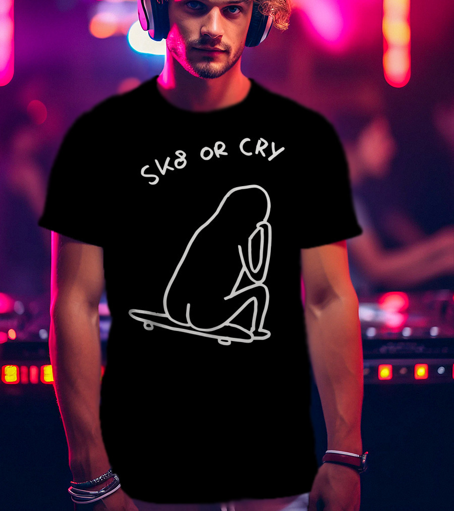 Sk8 Or Cry Minimalist Outline Sitting Figure On Skateboard T-Shirt