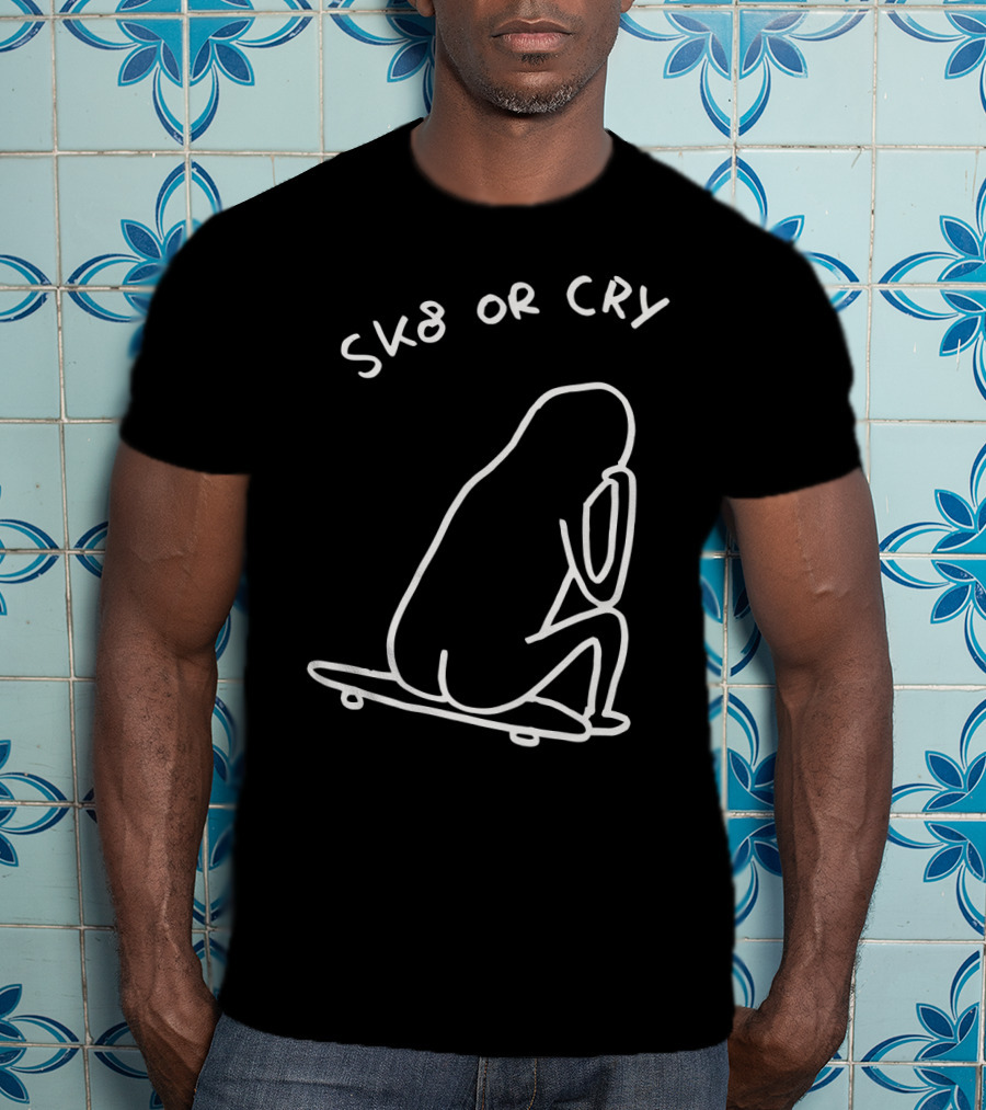 Sk8 Or Cry Minimalist Outline Sitting Figure On Skateboard T-Shirt