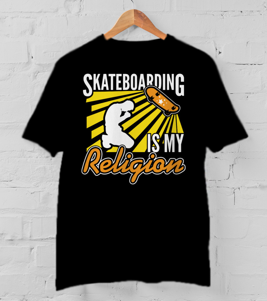 Skateboarding Is My Religion Kneeling Silhouette With Skateboard And Sunburst T-Shirt