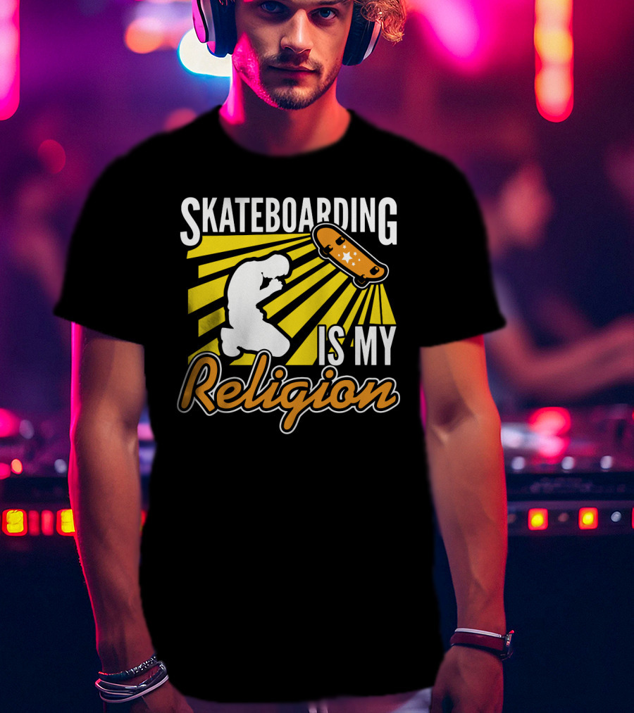 Skateboarding Is My Religion Kneeling Silhouette With Skateboard And Sunburst T-Shirt