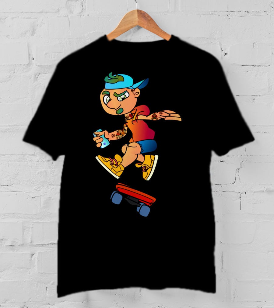 Skaterboi Colorful Cartoon Character With Cap And Skateboard T-Shirt
