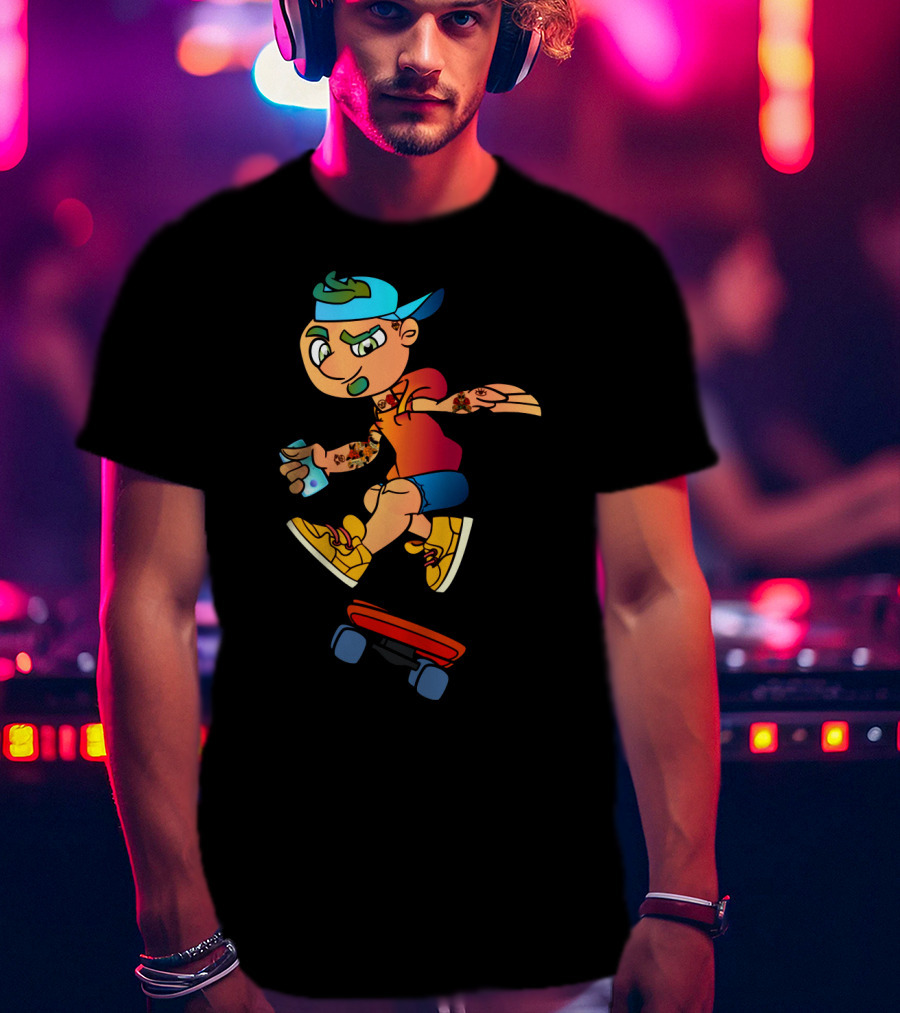 Skaterboi Colorful Cartoon Character With Cap And Skateboard T-Shirt