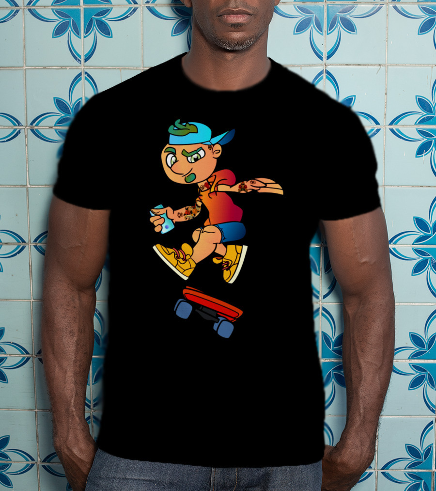 Skaterboi Colorful Cartoon Character With Cap And Skateboard T-Shirt