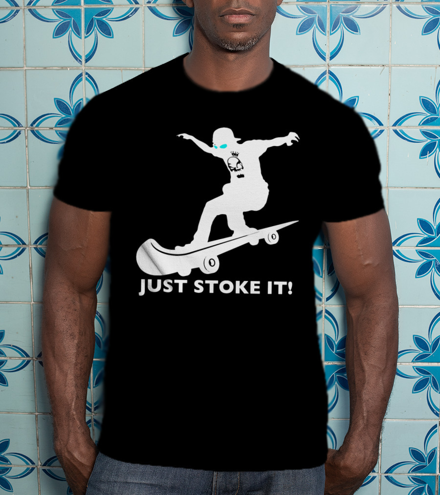 JUST STOKE IT Skateboarding Silhouette Skull T-Shirt