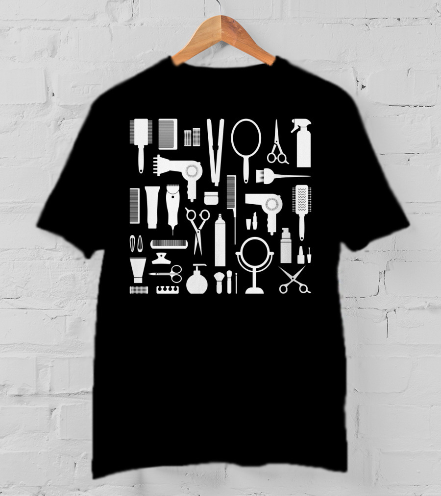 Barber Hairdressing Equipment Scissors Combs Mirrors Sprays Clippers Styling Tools Collection T-Shirt