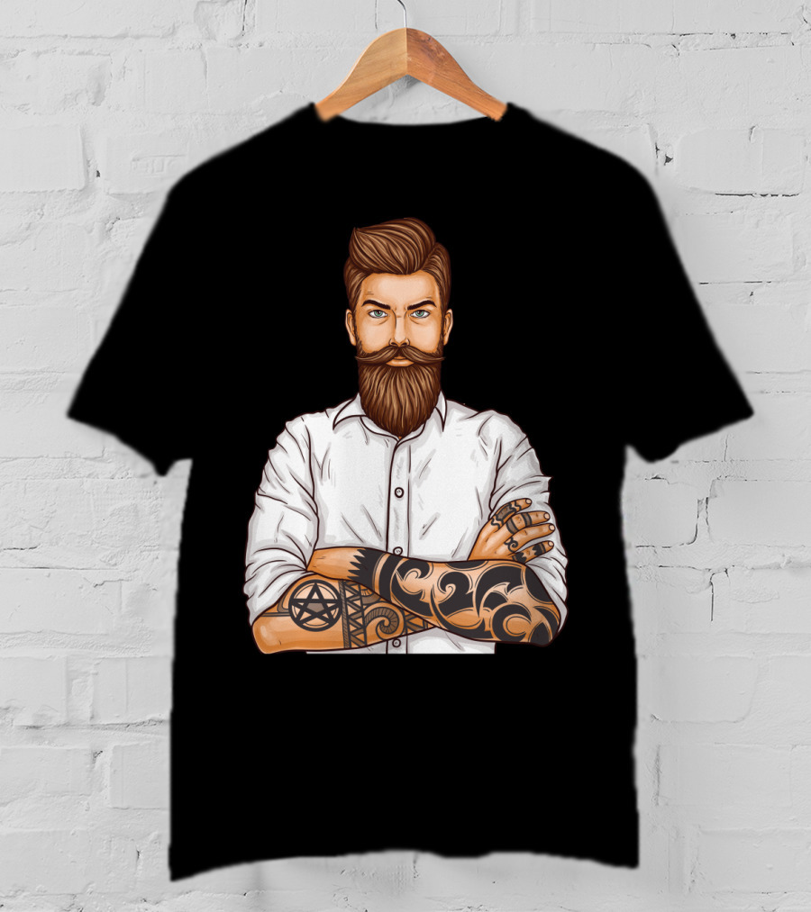 Barber Style Bearded Man With Tattoo T-Shirt