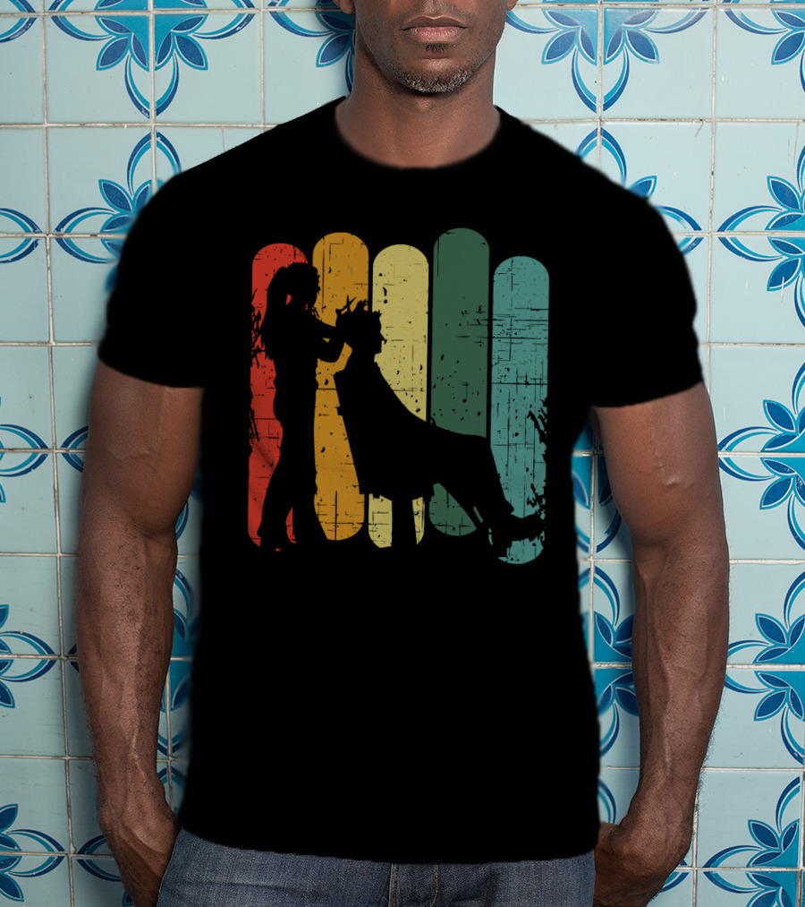 Vintage Retro Hair Stylist Silhouette On Multicolor Stripes T-Shirt