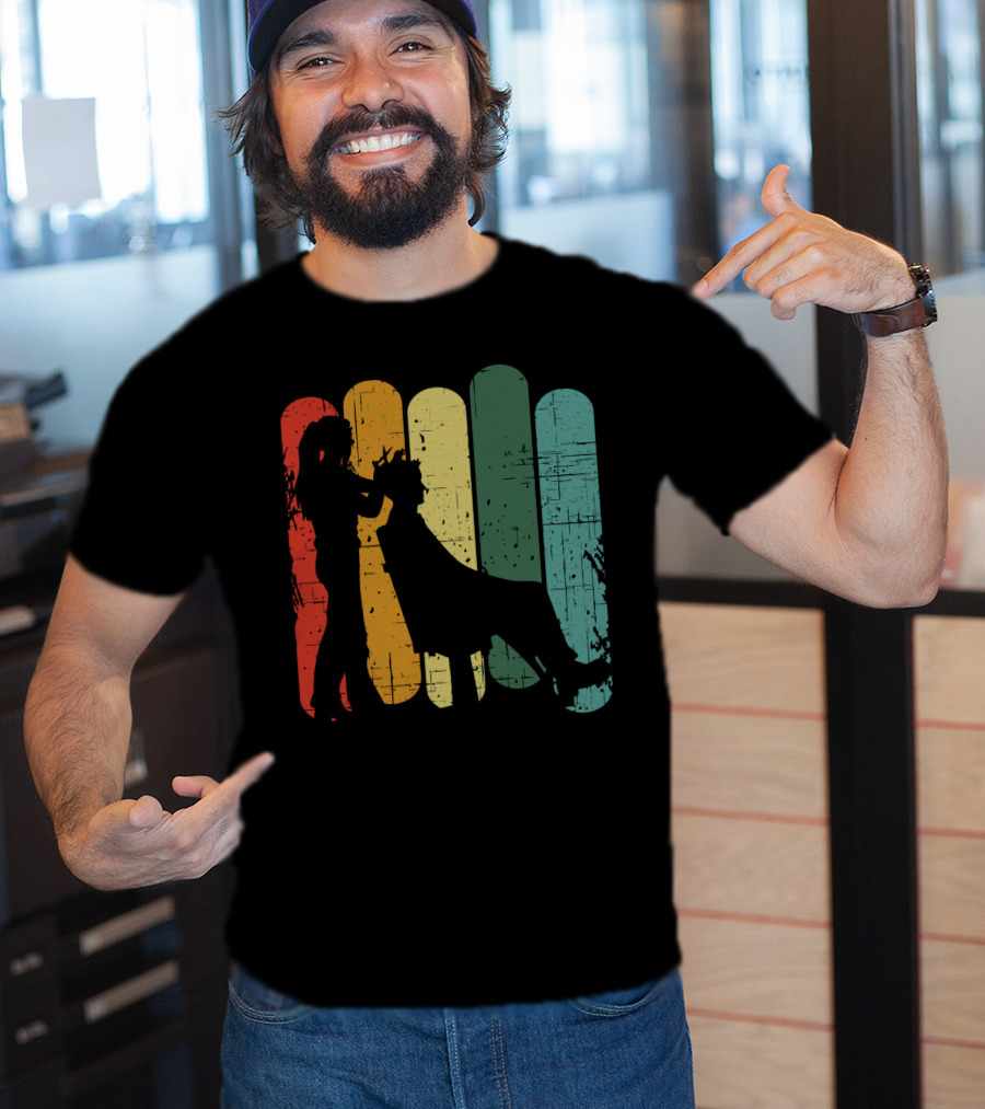 Vintage Retro Hair Stylist Silhouette On Multicolor Stripes T-Shirt