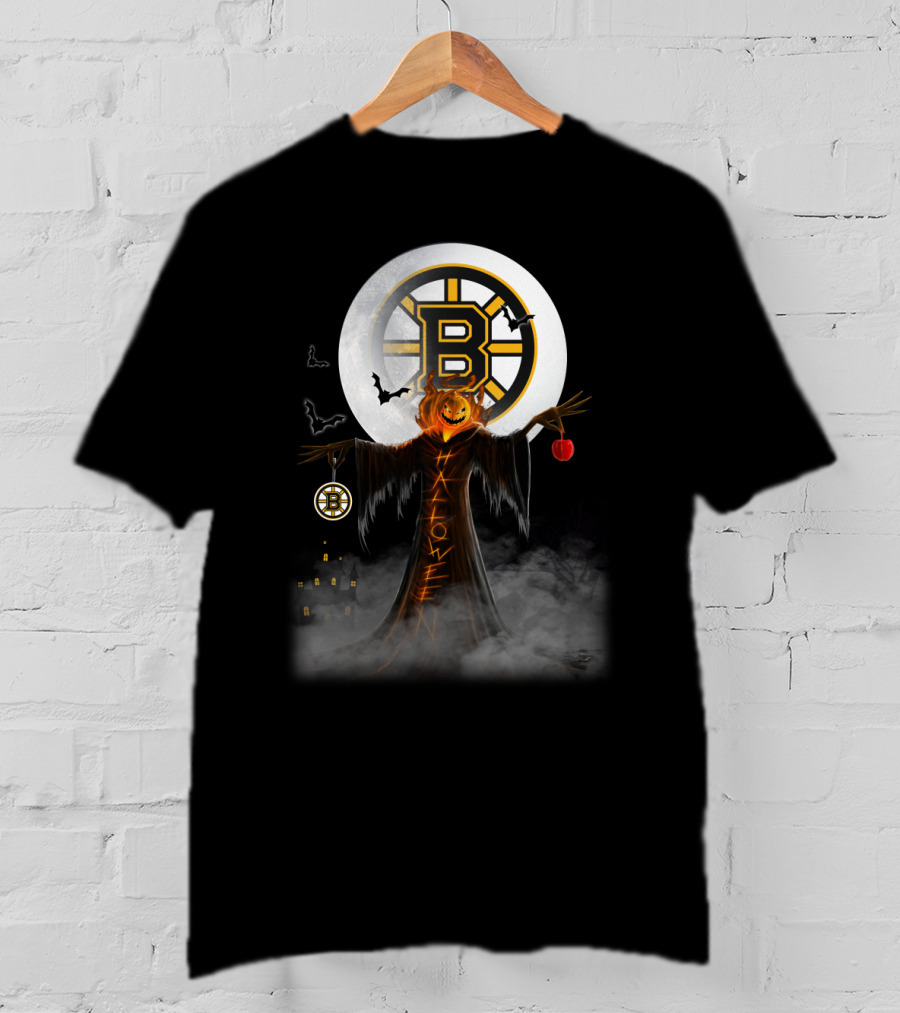 Halloween Boston Bruins Spooky Pumpkin Moon Bats T-Shirt