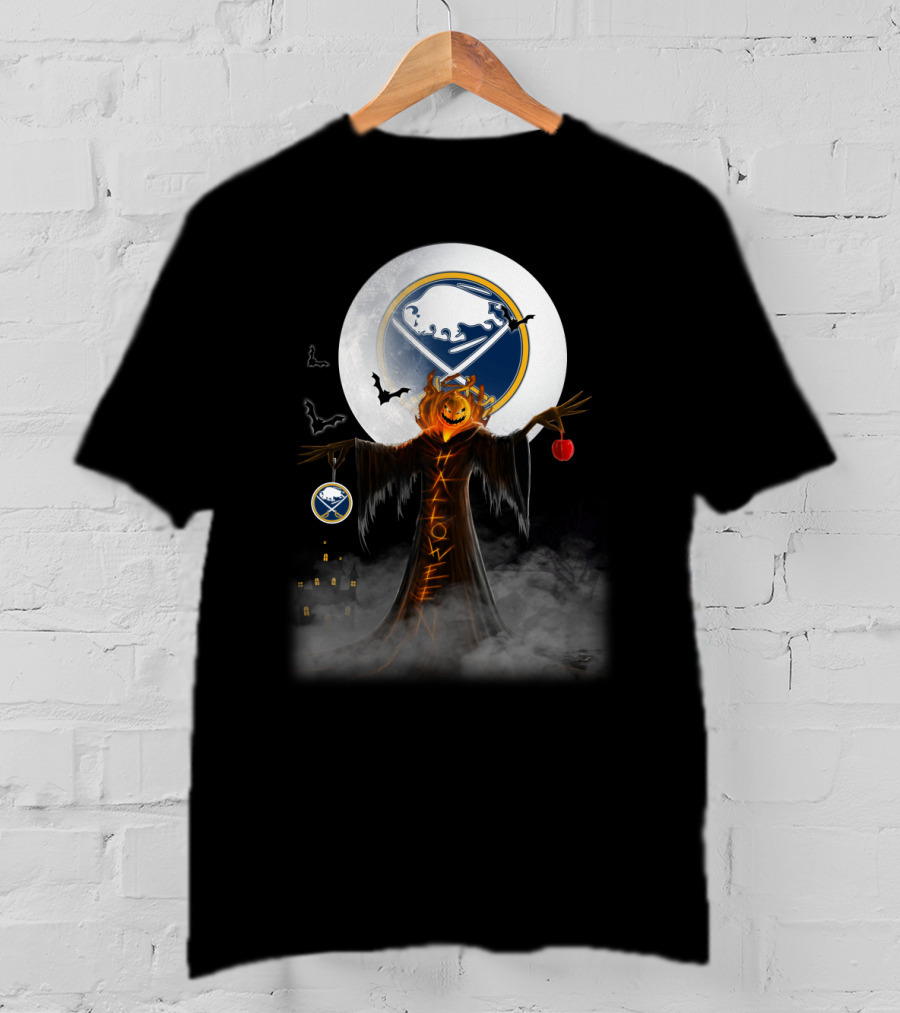 Halloween Buffalo Sabres Logo With Pumpkin Head Grim Reaper And Bats T-Shirt