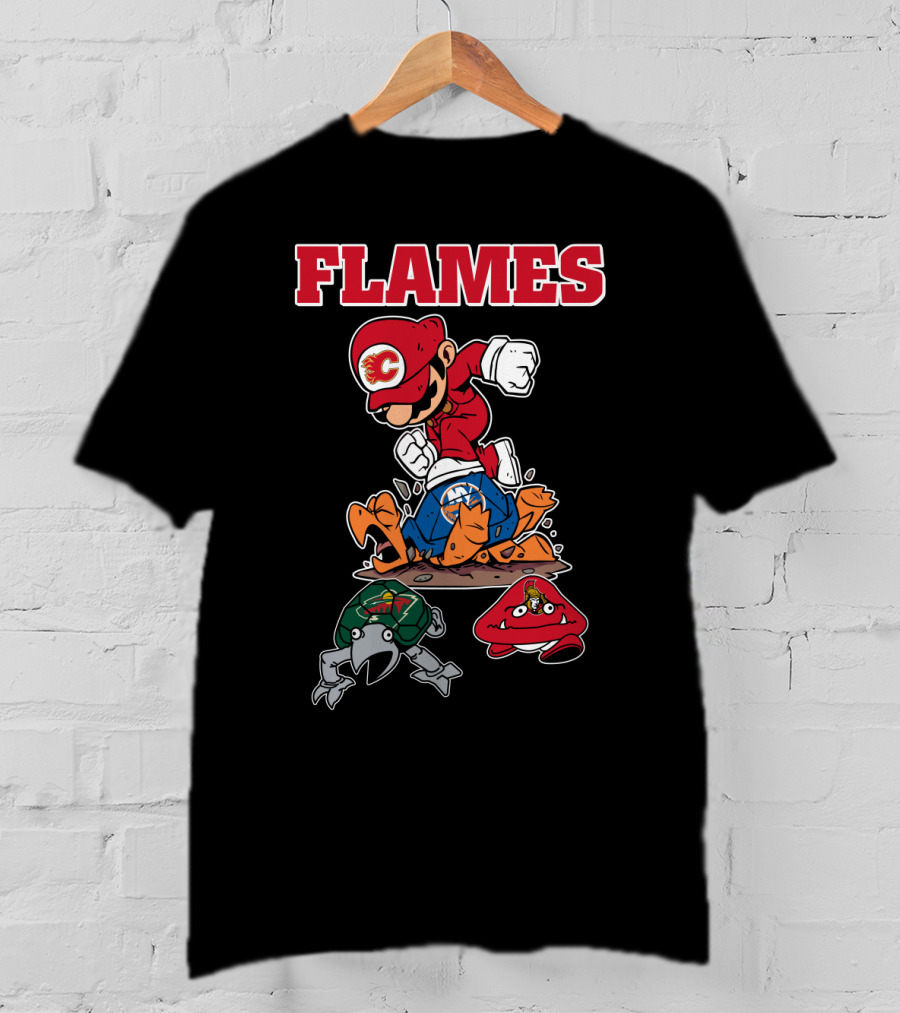 Calgary Flames Mario Parody Hockey Characters Retro Style T-Shirt