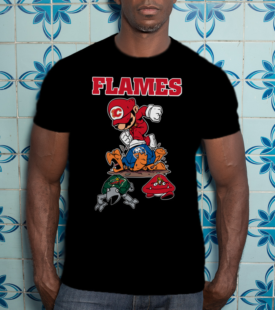Calgary Flames Mario Parody Hockey Characters Retro Style T-Shirt