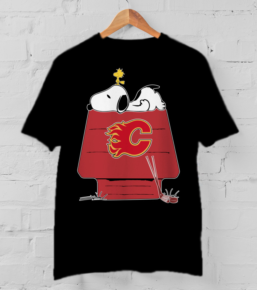 Snoopy And Woodstock On Calgary Flames Logo House T-Shirt