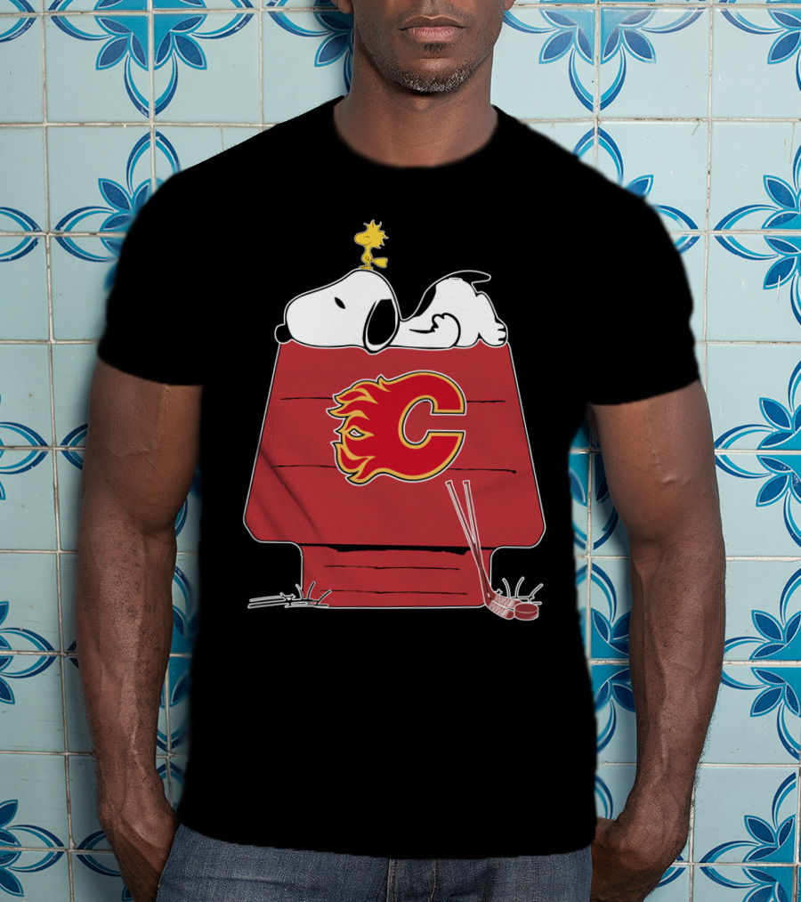 Snoopy And Woodstock On Calgary Flames Logo House T-Shirt