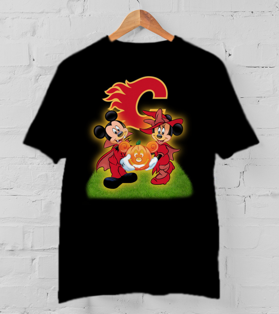Calgary Flames Mickey And Minnie Halloween Pumpkin T-Shirt