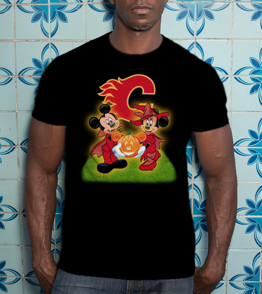 Calgary Flames Mickey And Minnie Halloween Pumpkin T-Shirt