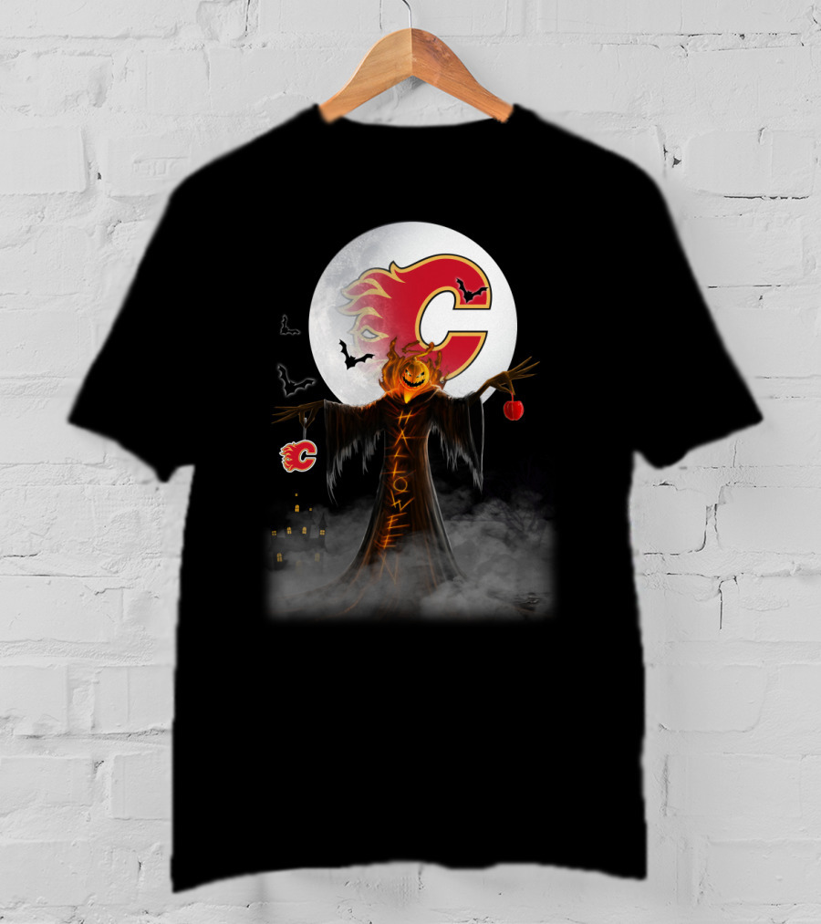 Halloween Calgary Flames Spooky Pumpkin Head With Full Moon And Bats T-Shirt