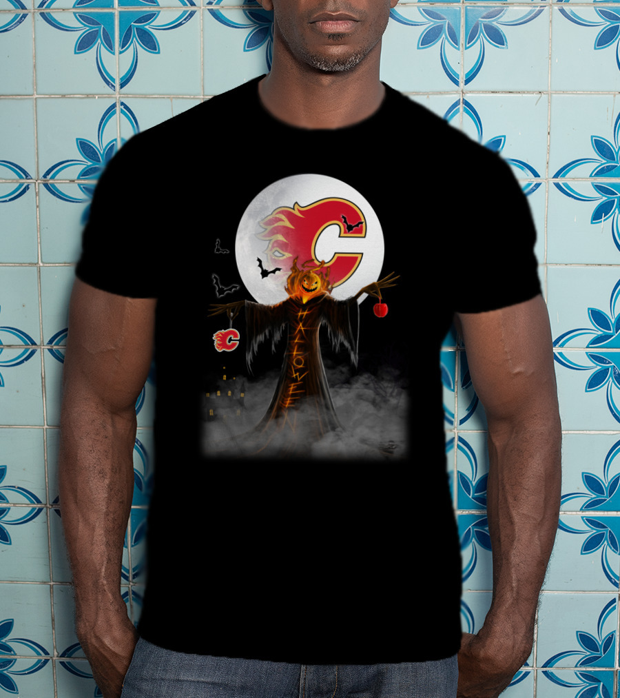 Halloween Calgary Flames Spooky Pumpkin Head With Full Moon And Bats T-Shirt