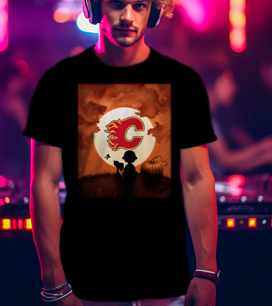 Calgary Flames Halloween Moon And Pumpkin T-Shirt