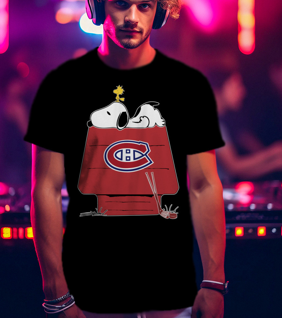 Snoopy And Woodstock With Montreal Canadiens Logo On Doghouse With Hockey Stick T-Shirt
