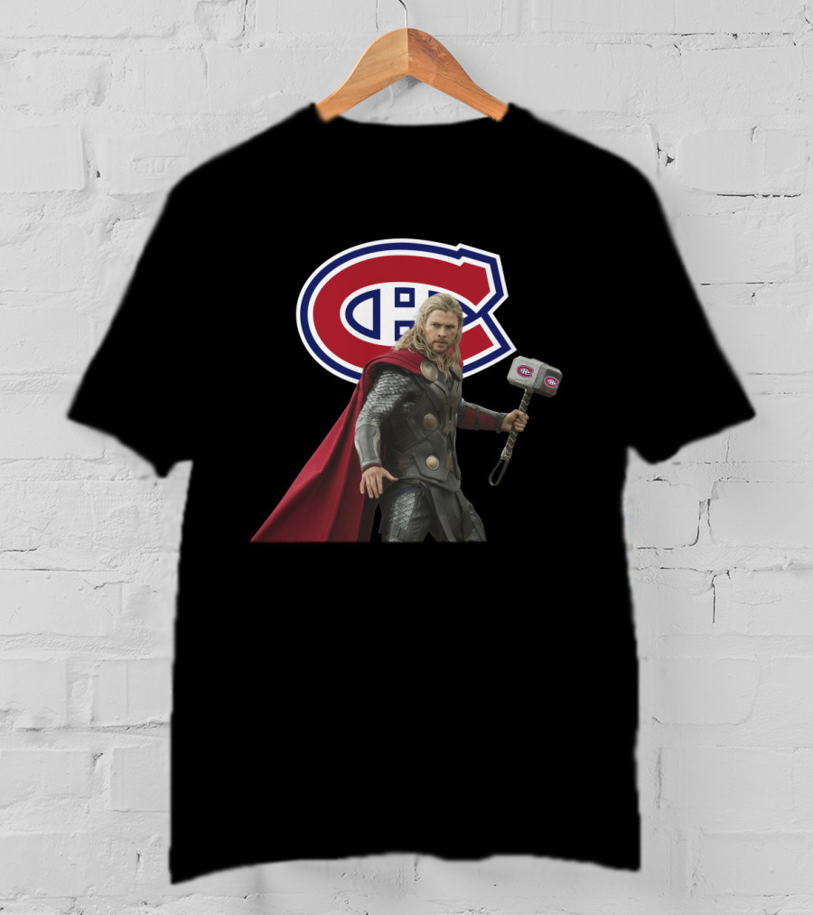 Canadiens Logo With Hero Holding Mjölnir Hammer T-Shirt