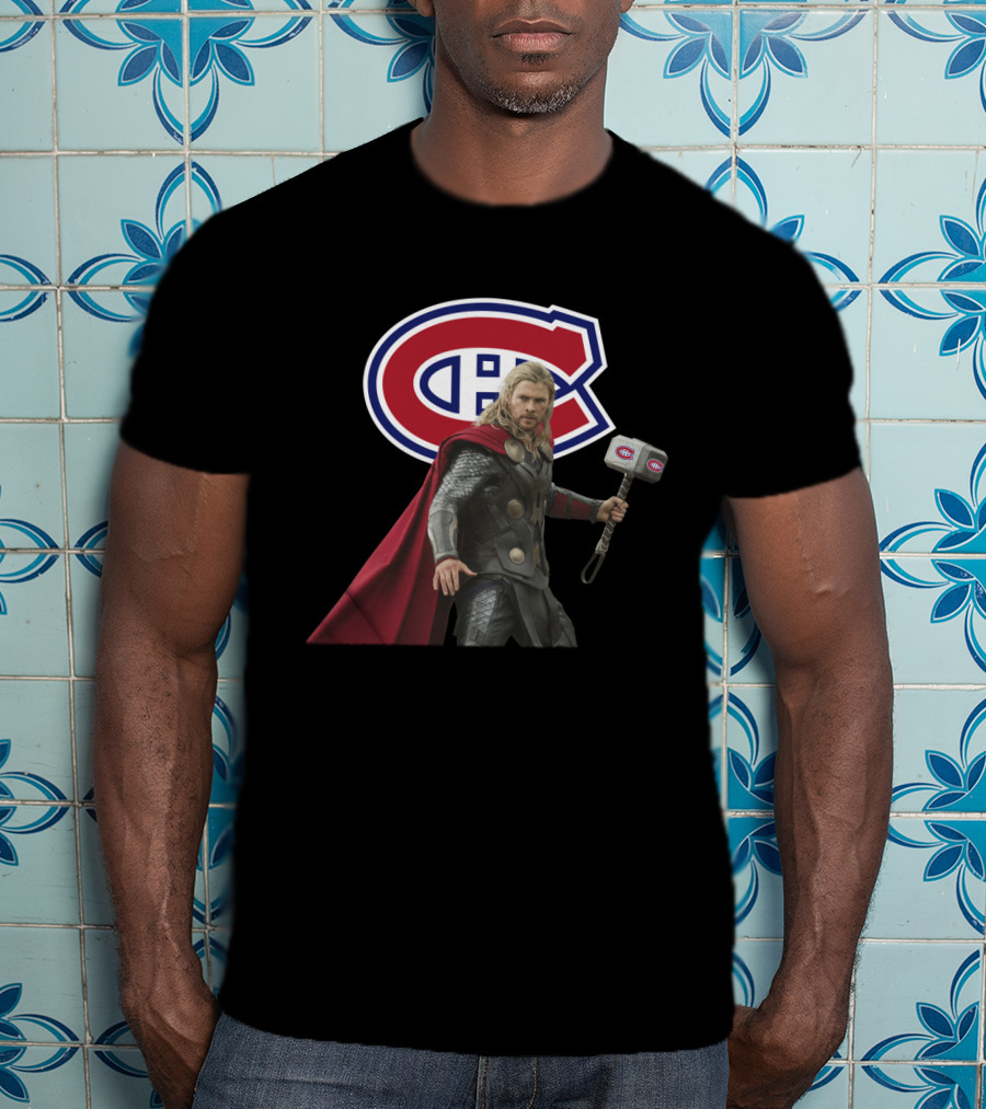 Canadiens Logo With Hero Holding Mjölnir Hammer T-Shirt