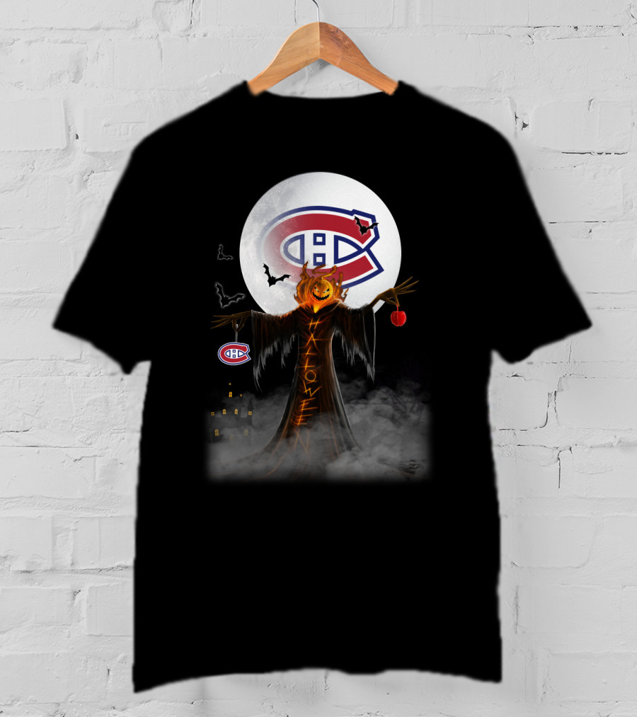 Halloween Canadiens Pumpkin Moon Bats Hockey Montreal T-Shirt