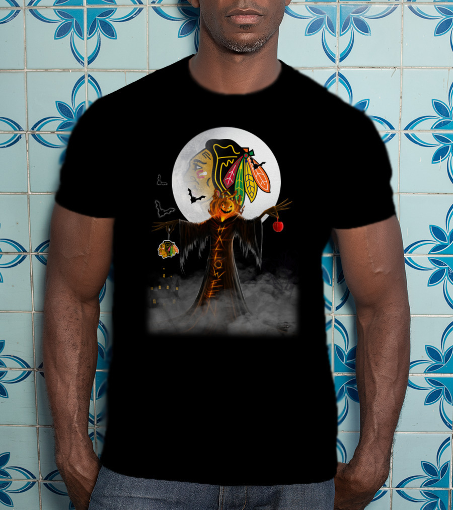 Halloween Chicago Blackhawks Moonlit Pumpkin Scarecrow Bats T-Shirt