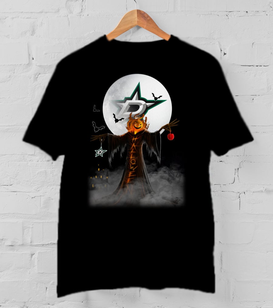 Halloween Dallas Stars Pumpkin Head With Bats And Moon T-Shirt