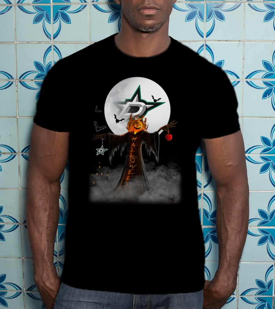 Halloween Dallas Stars Pumpkin Head With Bats And Moon T-Shirt