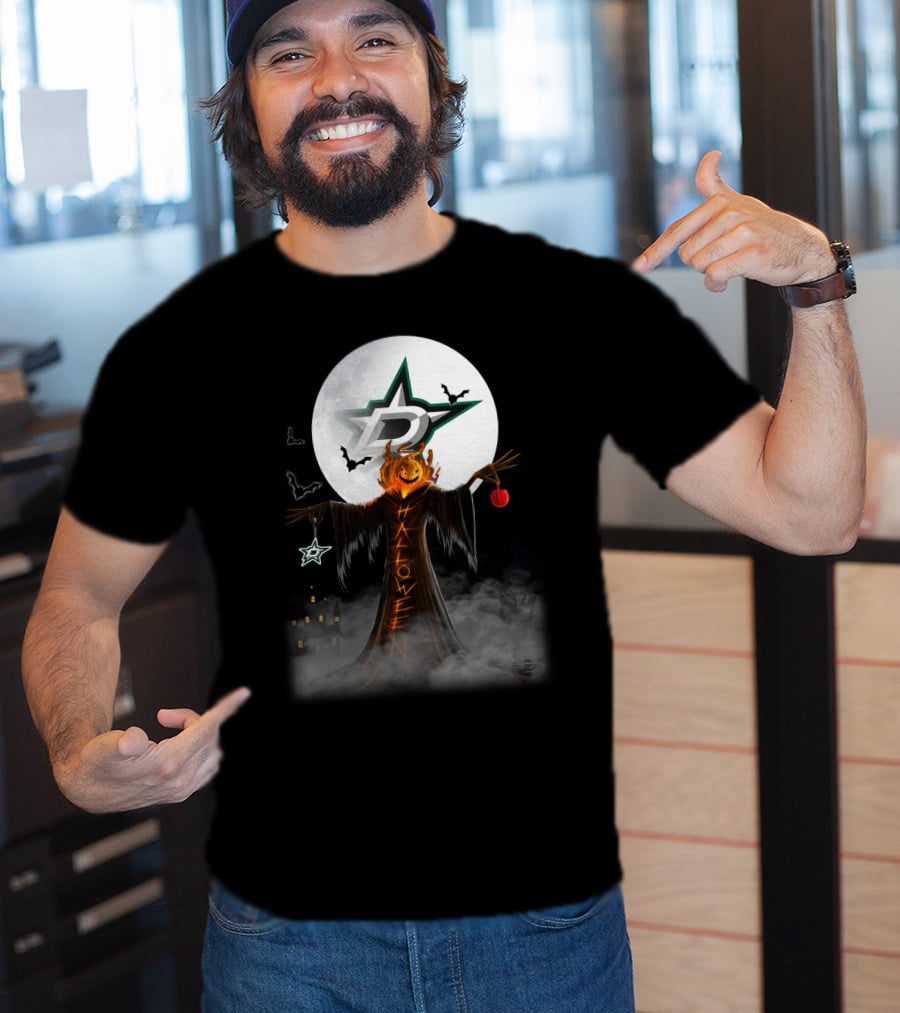 Halloween Dallas Stars Pumpkin Head With Bats And Moon T-Shirt