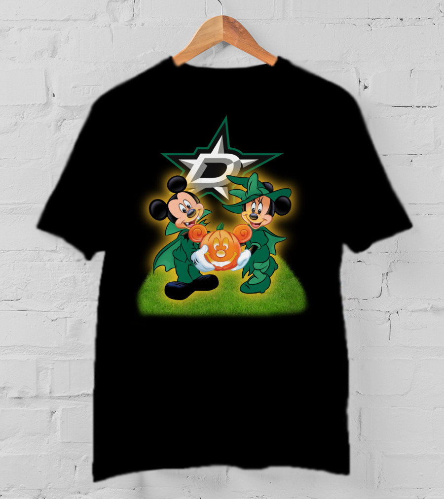 Dallas Stars Halloween Mickey And Minnie With Pumpkin On Grass Background T-Shirt