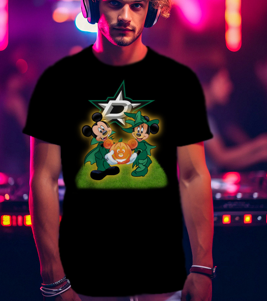 Dallas Stars Halloween Mickey And Minnie With Pumpkin On Grass Background T-Shirt