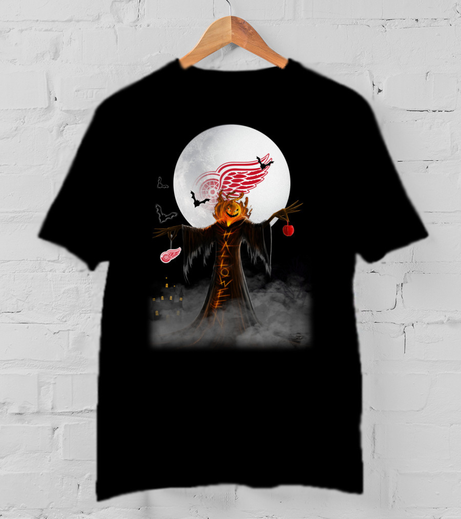 Halloween Detroit Red Wings Pumpkin Moon Bats Castle T-Shirt